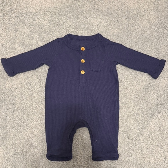 Navy Ribbed Baby One-Piece with Button Placket - Picture 1 of 2